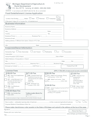 Michigan Food Establishment License Application