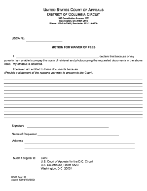 USCA Form 32 Motion for Waiver of Fees