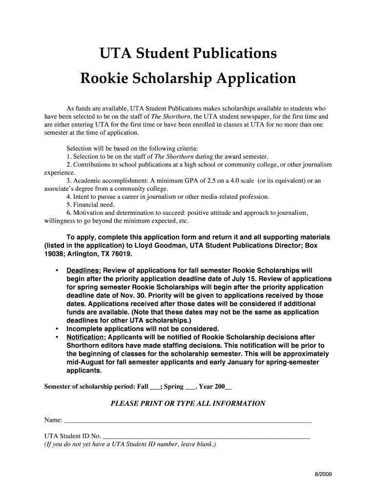 UTA Student Publications Rookie Scholarship Application - uta: Fill out ...