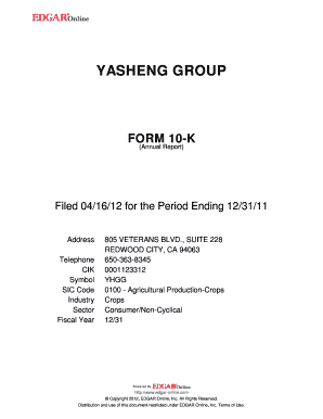 YASHENG GROUP FORM 10-K