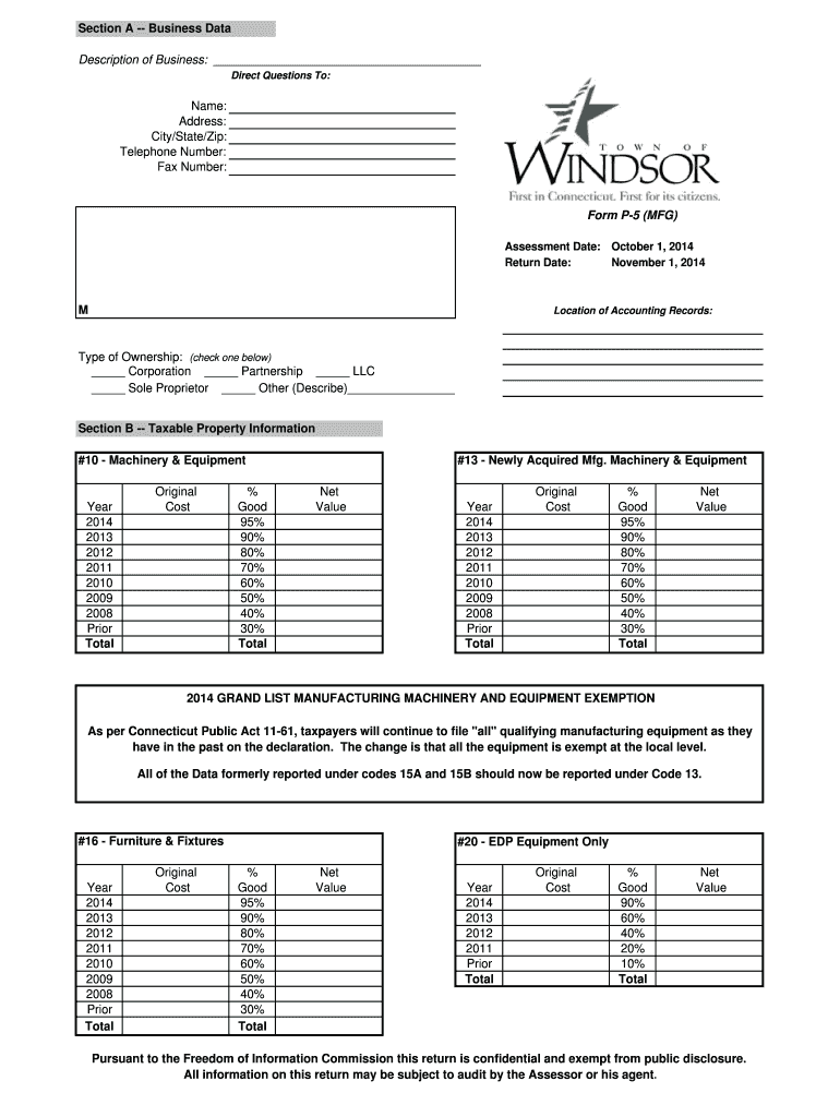 Manufacturers Personal Property Declaration Form - Town of Windsor Preview on Page 1