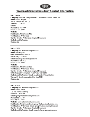 Transportation Intermediary Contact Information