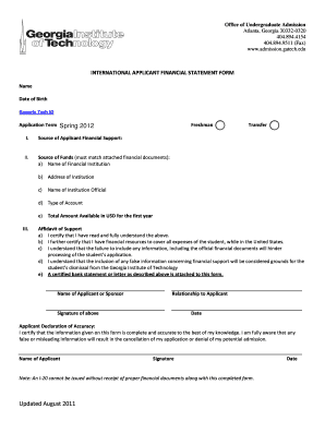 International Applicant Financial Statement Form