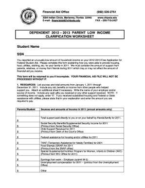 2012-2013 Parent Low Income Clarification Worksheet