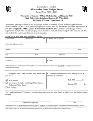 University of Houston Alternative Loan Budget Form