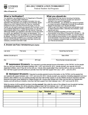 2011-2012 Verification Worksheet