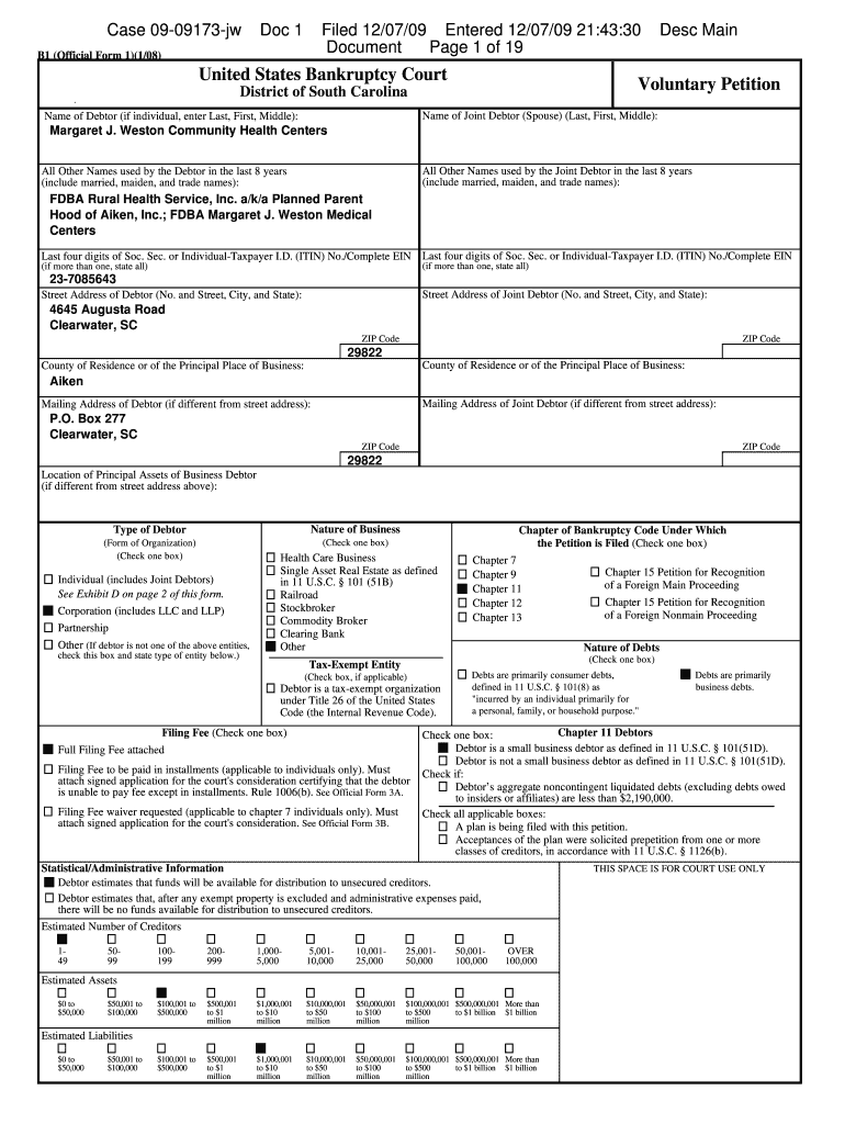 Fillable Online Bankruptcy Forms. Margaret J. Weston Community Health