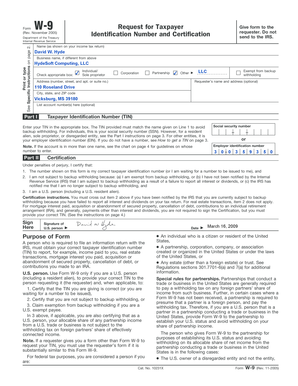 Form W-9 Request for Taxpayer Identification Number and Certification