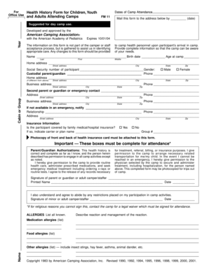 Health History Form for Children and Youth