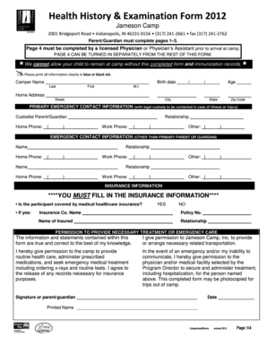 Jameson Camp Health History & Examination Form