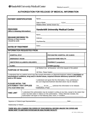 Medical record # AUTHORIZATION FOR RELEASE OF MEDICAL INFORMATION PATIENT IDENTIFICATION Name: Date of Birth S - mc vanderbilt