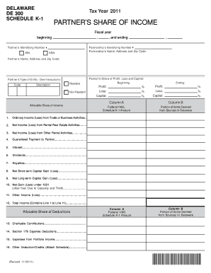 Delaware Schedule K-1 Form 2011