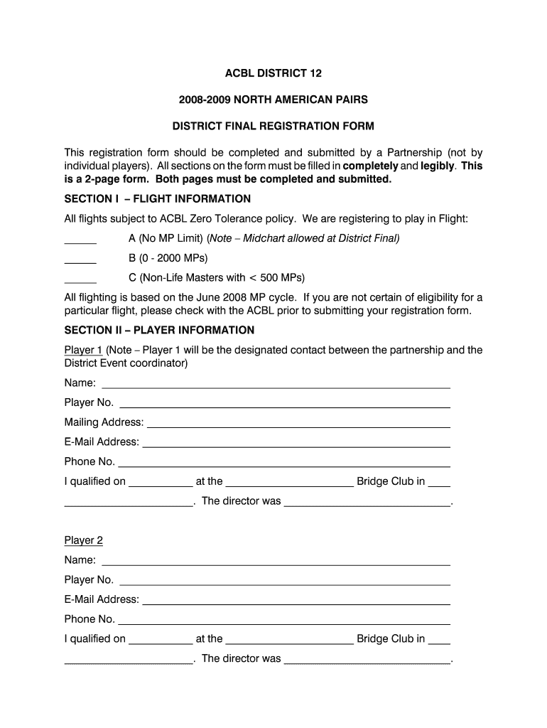 Registration Form - ACBL District 12 Preview on Page 1