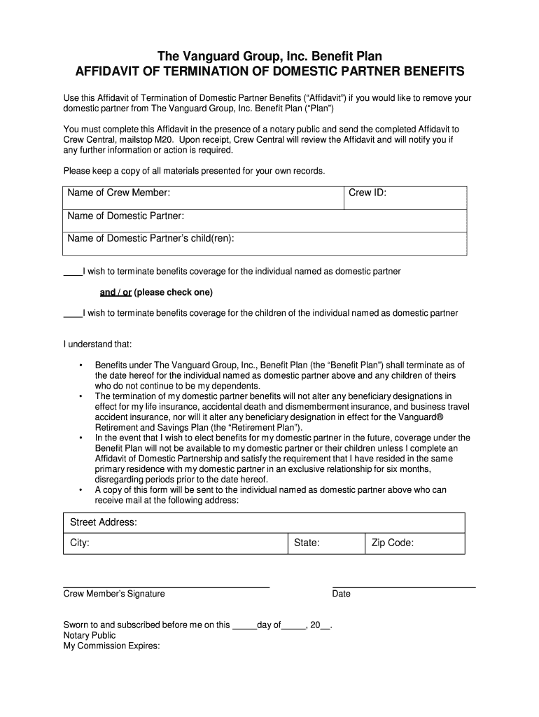 Affidavit of Termination of Domestic Partner Benefits - Vanguard Preview on Page 1