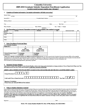 Columbia University Graduate Subsidy Dependent Enrollment Application