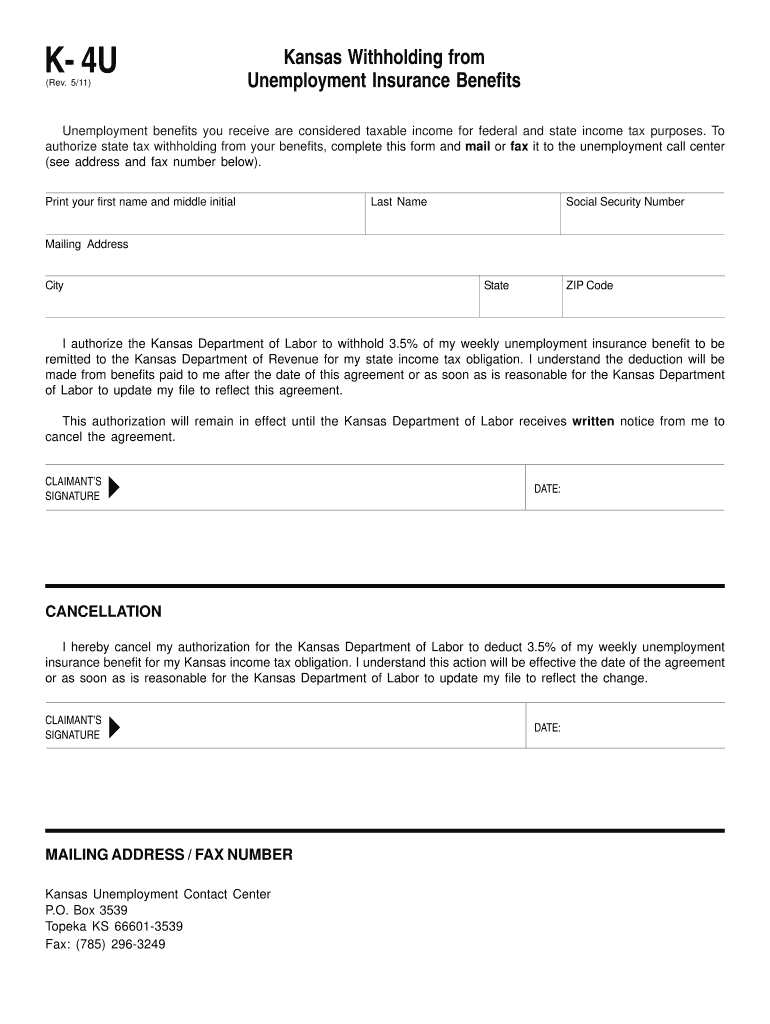 K-4U Withholding from Unemployment Insurance Benefits (Rev 5-11) - ksrevenue Preview on Page 1