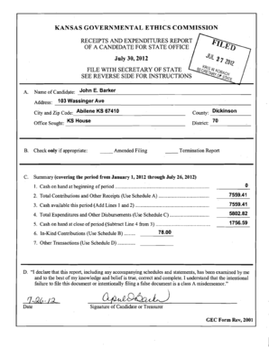 Kansas Candidate Receipts and Expenditures Report