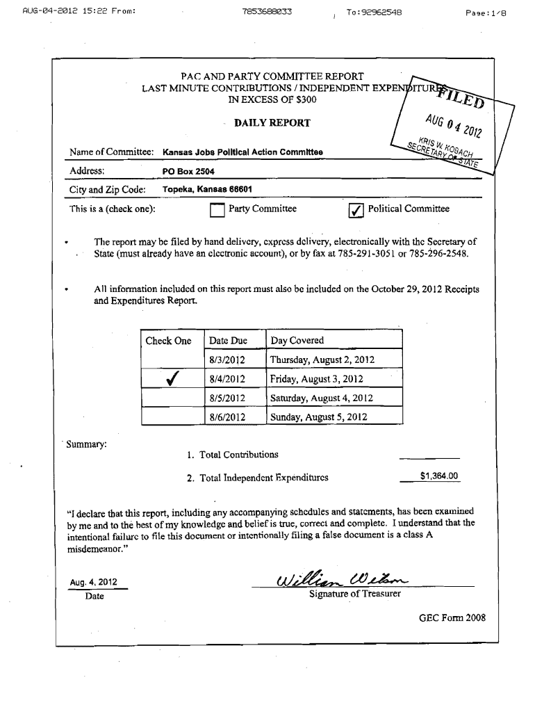 Kansas Jobs Political Action Committee Preview on Page 1