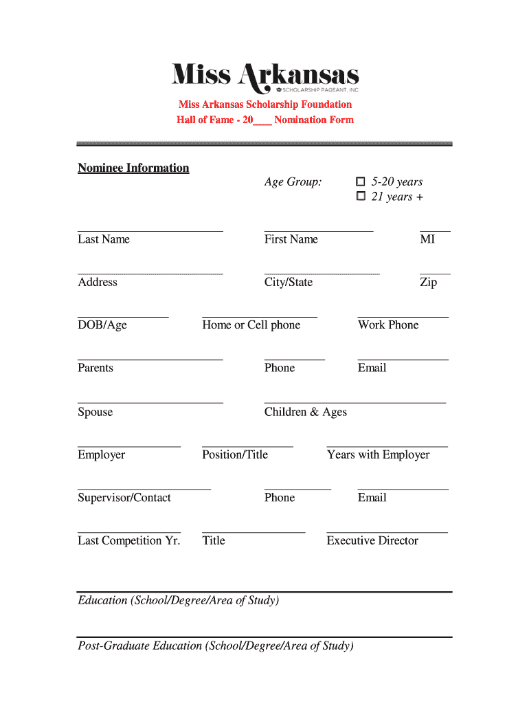 Miss Arkansas Foundation Hall of Fame Nomination Form - missarkansas Preview on Page 1