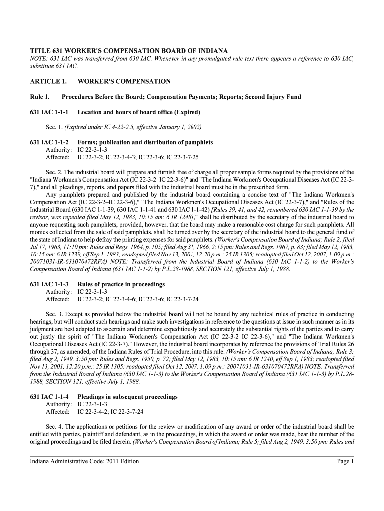 2011 631 IAC 1 Worker 's Compensation 2011 IAC Edition - in Preview on Page 1