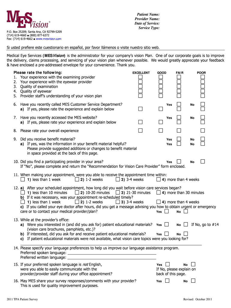 Patient Name: Provider Name: Date of Service: Service - MES Vision Preview on Page 1