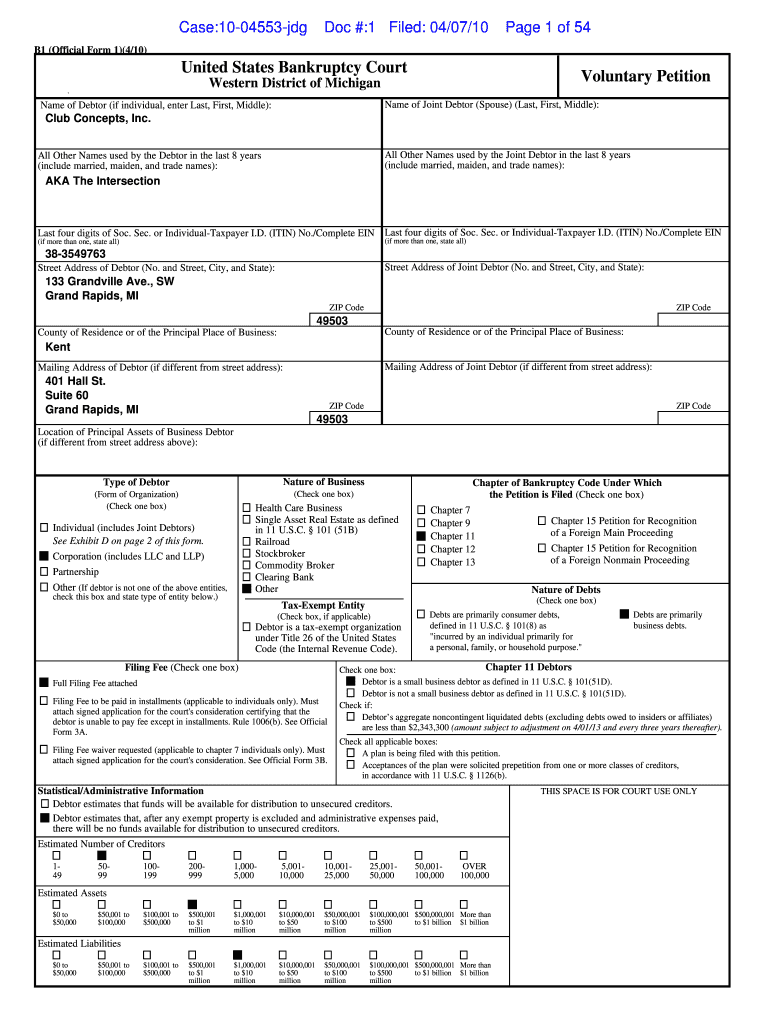 Bankruptcy Forms Club Concepts, Inc - Terry L Zabel P53798 Preview on Page 1