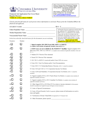 Columbia College Financial Aid Application Cover Sheet