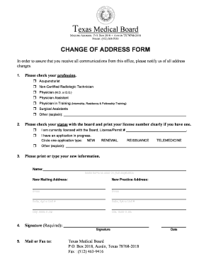 Texas Medical Board Change of Address Form