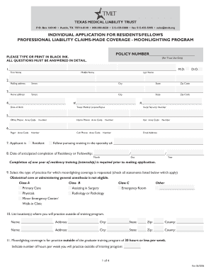 Texas Medical Liability Trust Moonlighting Program Application