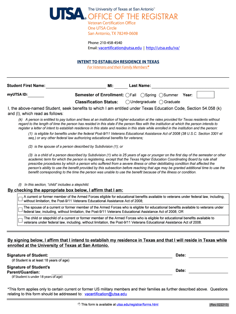 UTSA Veteran Certification Office - Intent to Establish Residence in Texas Intent to Establish Resid Preview on Page 1