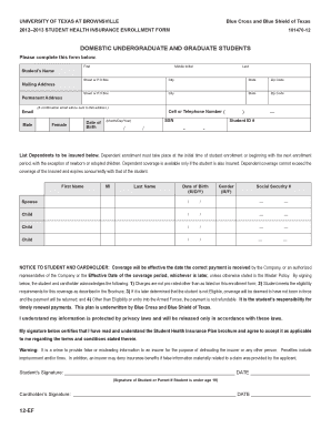 University of Texas at Brownsville Student Health Insurance Enrollment Form