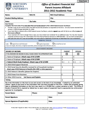 Office of Student Financial Aid Parent Income Affidavit 2011-2012 ... - nau