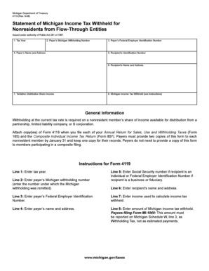 Michigan Form 4119 Nonresident Income Tax Withholding Statement
