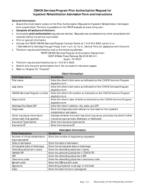 CSHCN Inpatient Rehabilitation Admission Form