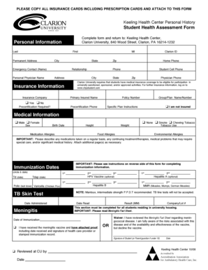 Clarion University Student Health Assessment Form