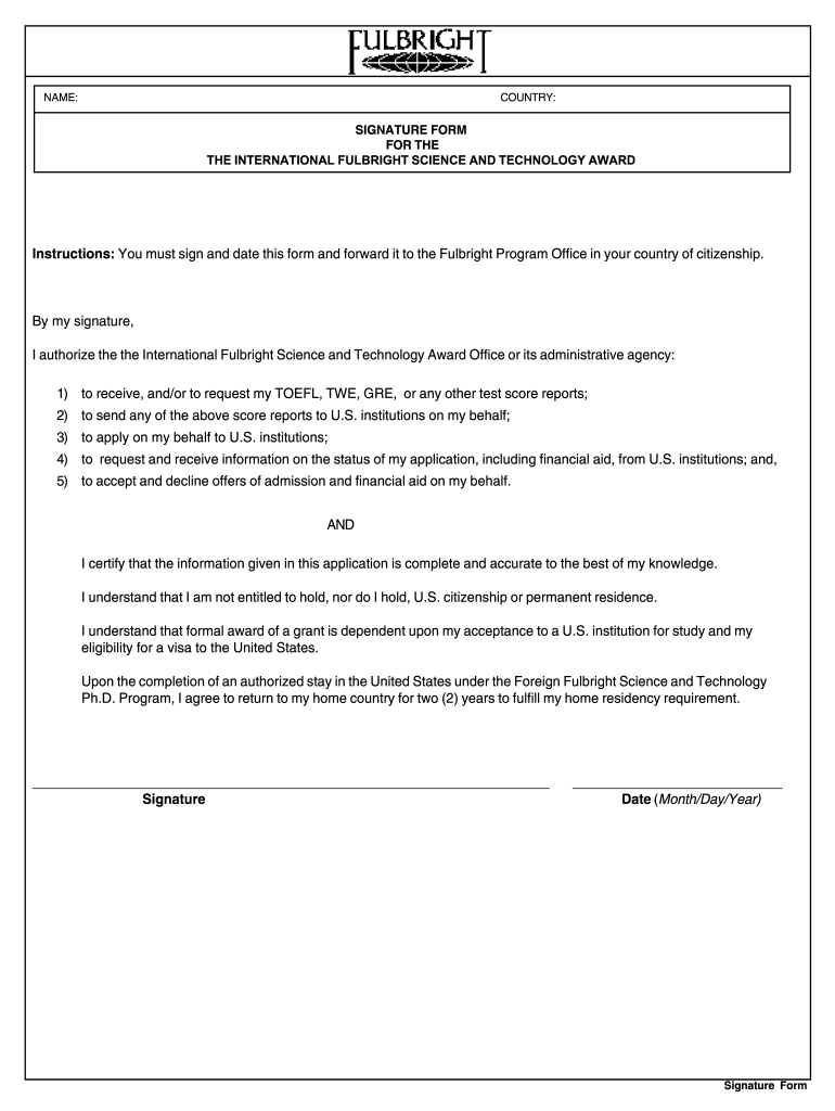 fulbright program signature form Preview on Page 1