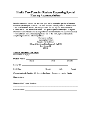 Health Care Form for Students Requesting - Providence College - providence