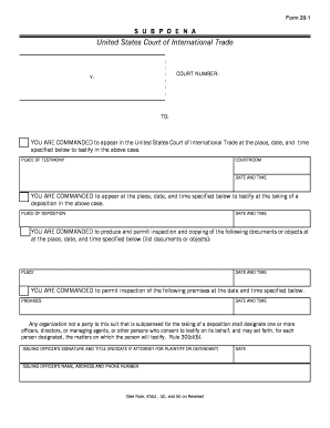 US Court of International Trade Subpoena Form 20-1
