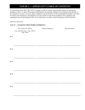 Applicant’s Table of Contents