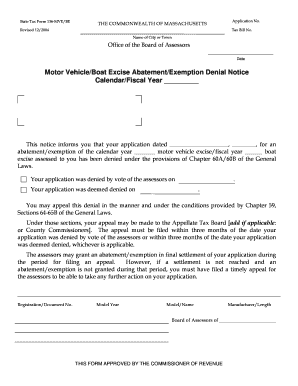 Massachusetts Motor Vehicle Excise Abatement Denial Notice