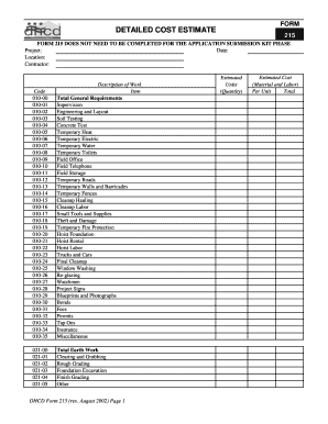 DHCD Form 215 Detailed Cost Estimate