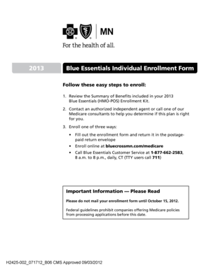 2013 Blue Essentials Medicare Advantage Enrollment Form
