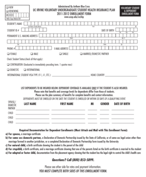 UC Irvine Voluntary Undergraduate Student Health Insurance Enrollment Form