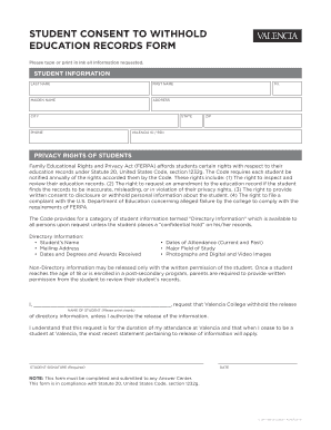 Student Consent to Withhold Education Records Form