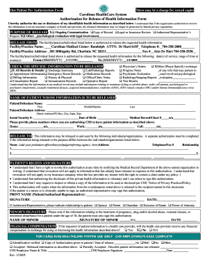 Carolinas HealthCare System Authorization for Release of Health Information