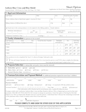 Anthem Blue Cross Short-Term Medical Insurance Application