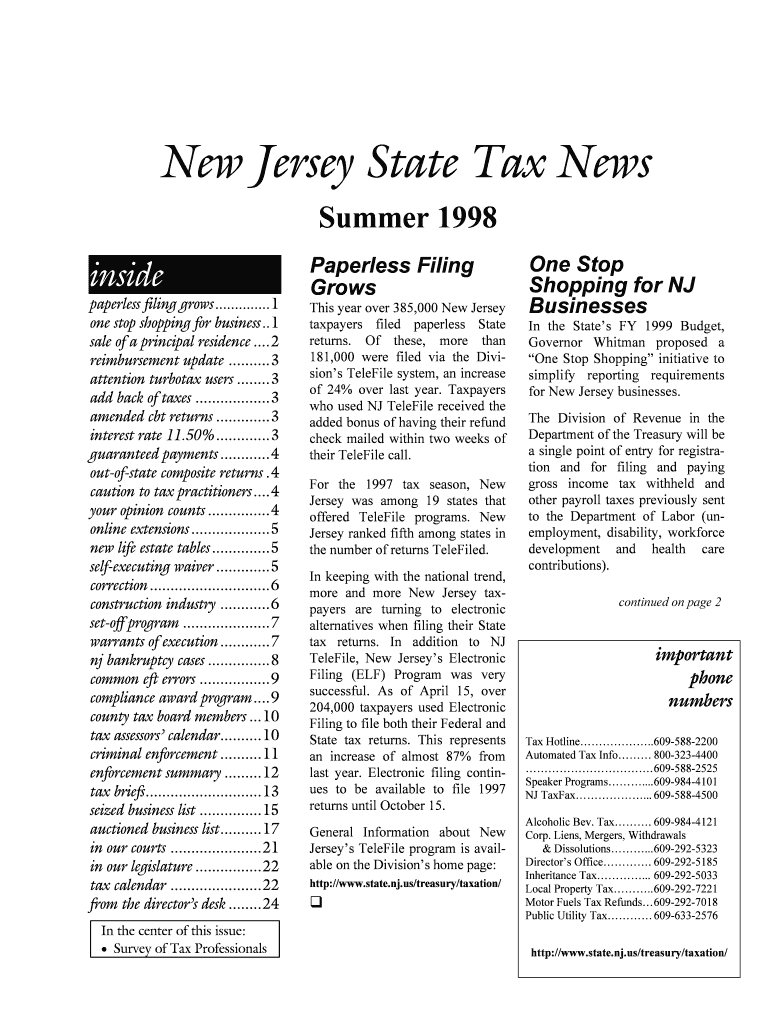 State Tax News - Summer 1998 - Vol 27, No 2 Paperless Filling Grows, Shopping for NJ Businesses, Sal Preview on Page 1