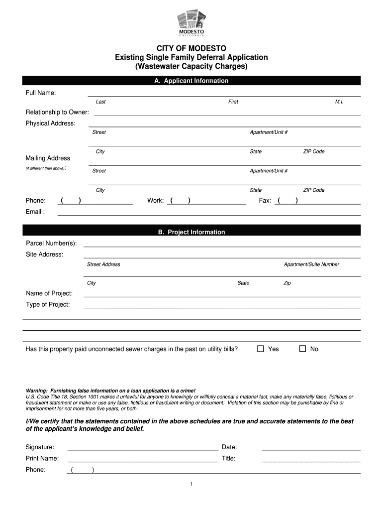 CITY OF MODESTO Existing Single Family Deferral Application Preview on Page 1