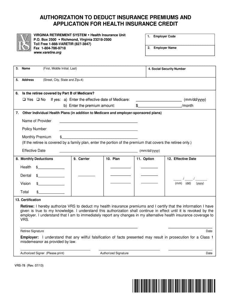 Authorization to Deduct Insurance Premiums and Application for - varetire Preview on Page 1