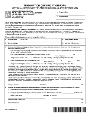 Virginia Retirement System Termination Certification Form